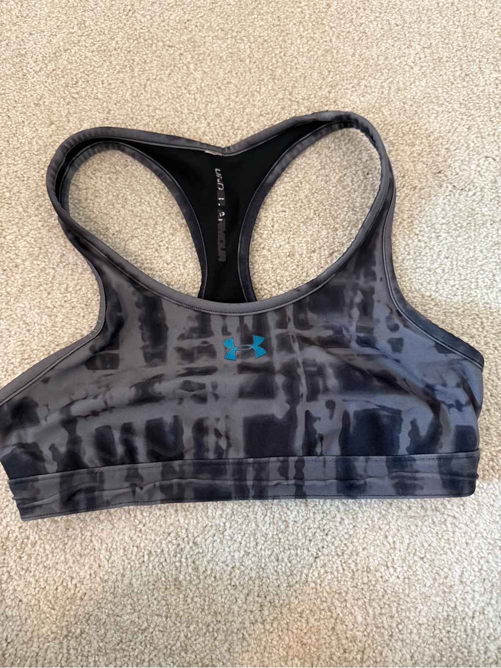 Under Armour Black and Gray Patterned Racerback Sports Bra with Teal Logo